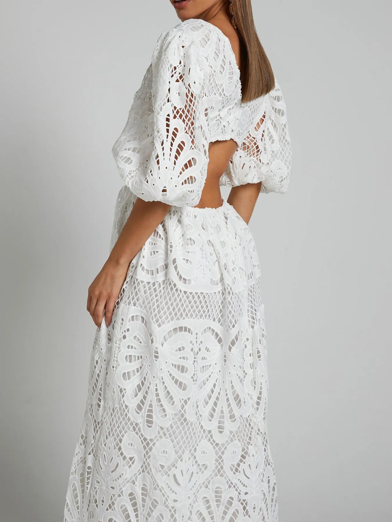 Image of Cutout Back Lace Crochet V-Neck Dress | Queeble.shop