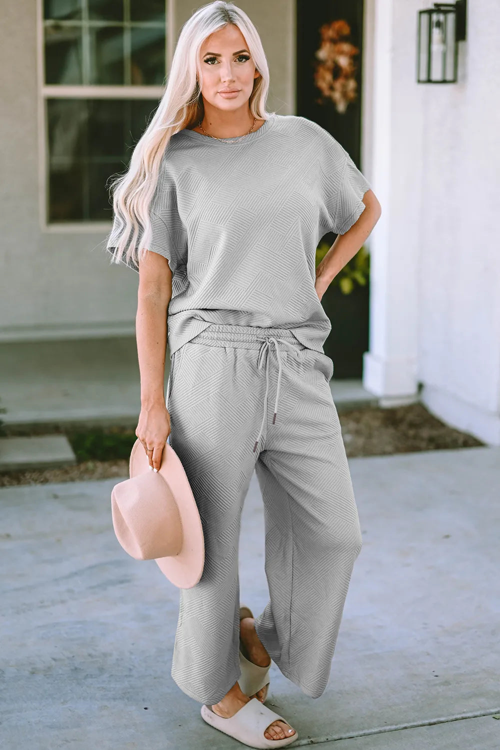 Image of Double Take Full Size Texture Short Sleeve Top and Pants Set | Queeble.shop