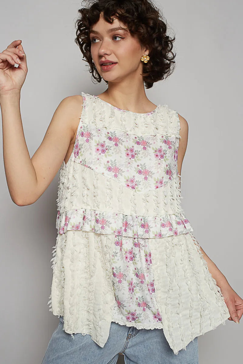 Image of POL Floral Textured Round Neck Sleeveless Top | Queeble.shop