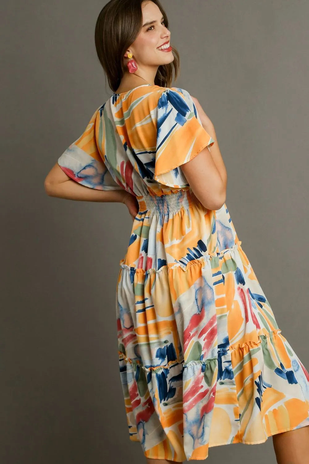 Image of Umgee Full Size Abstract Print Flutter Sleeve Frill Tiered Midi Dress Plus Size | Queeble.shop