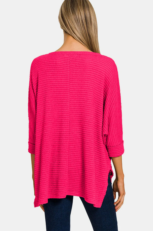 Image of Zenana V-Neck High-Low Jacquard Knit Top | Queeble.shop