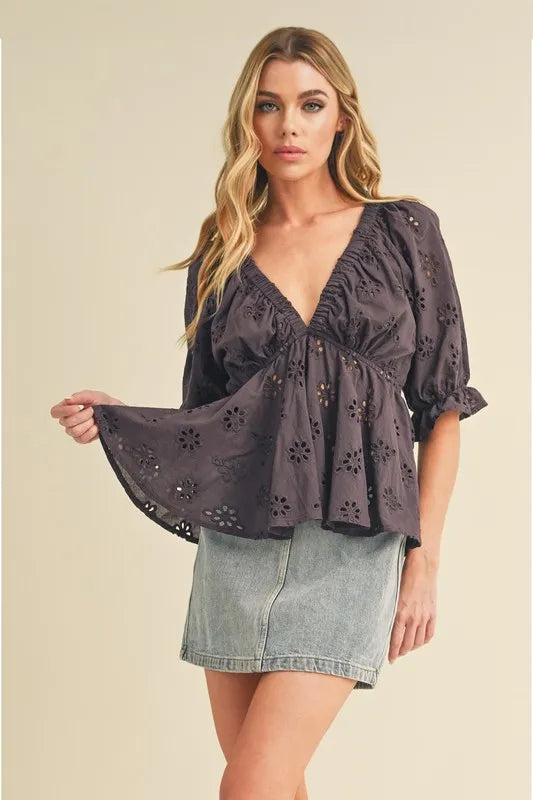 Image of Aemi + Co Eyelet Embroidered V-Neck Half Sleeve Peplum Blouse | Queeble.shop