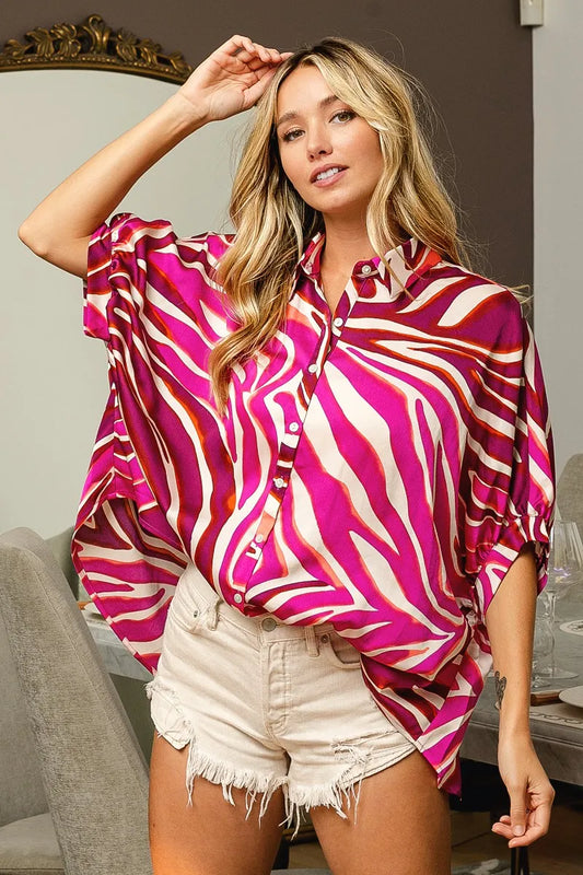 Image of BiBi Zebra Dolman Silky Satin Shirt Top | Queeble.shop