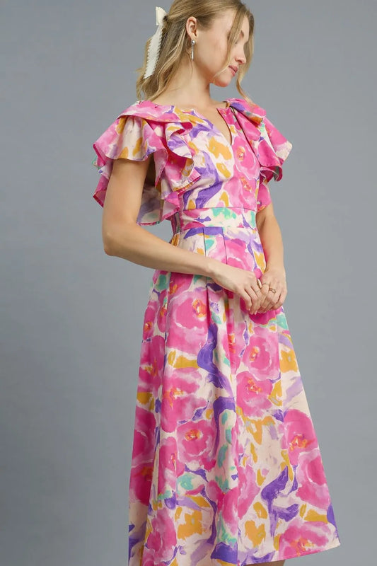 Image of Umgee Floral Ruffled Cap Sleeve Midi Dress | Queeble.shop