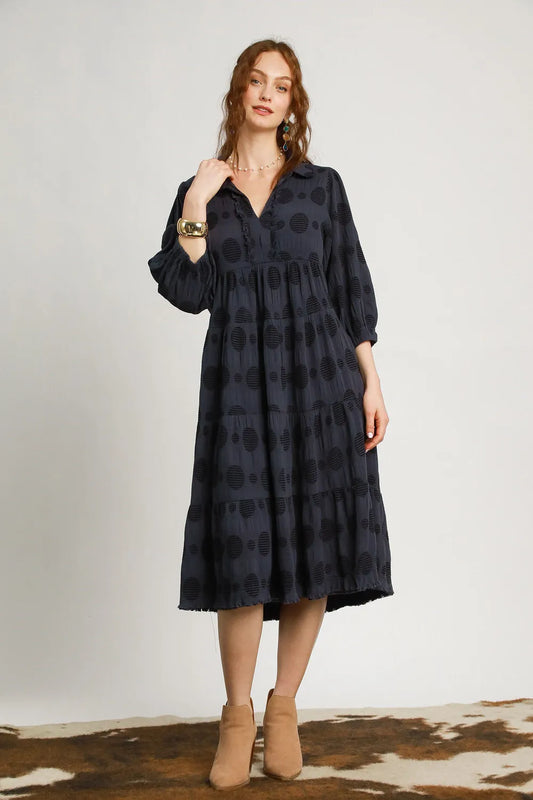 Image of Umgee Full Size Solid Dotted Jacquard Midi Dress Plus Size | Queeble.shop