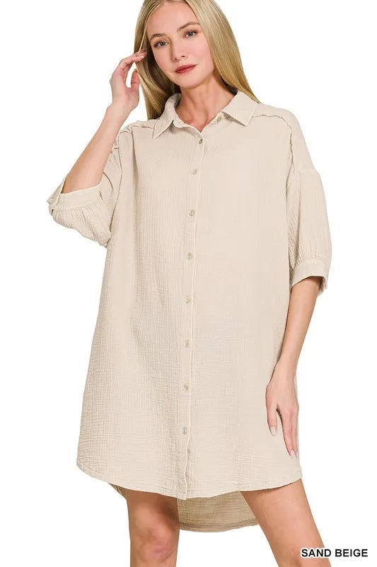 Image of Zenana Washed Double Gauze Button Down Shirt Dress | Queeble.shop