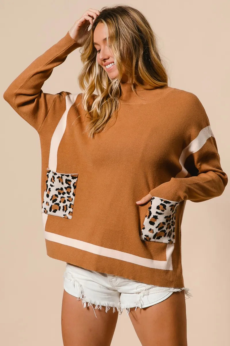 Image of BiBi Mock Neck Sweater with Leopard Pocket | Queeble.shop