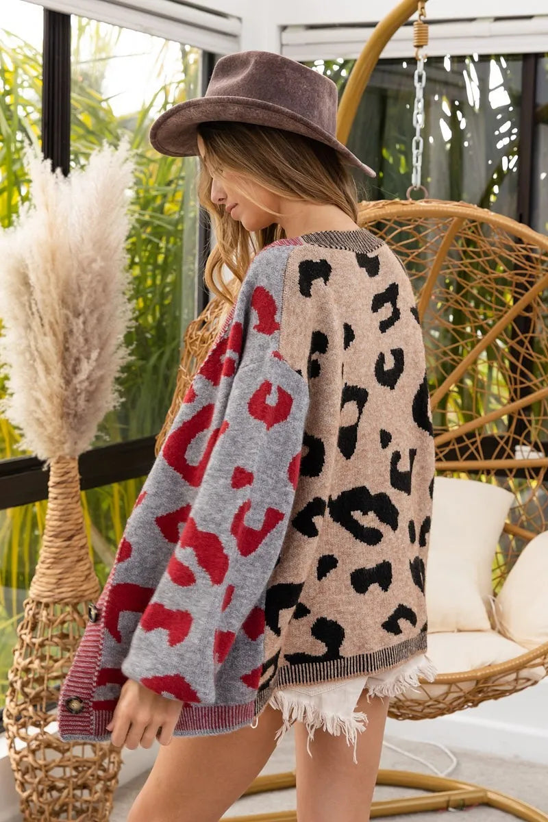 Image of BiBi Leopard Color Block Button Down Sweater Cardigan | Queeble.shop