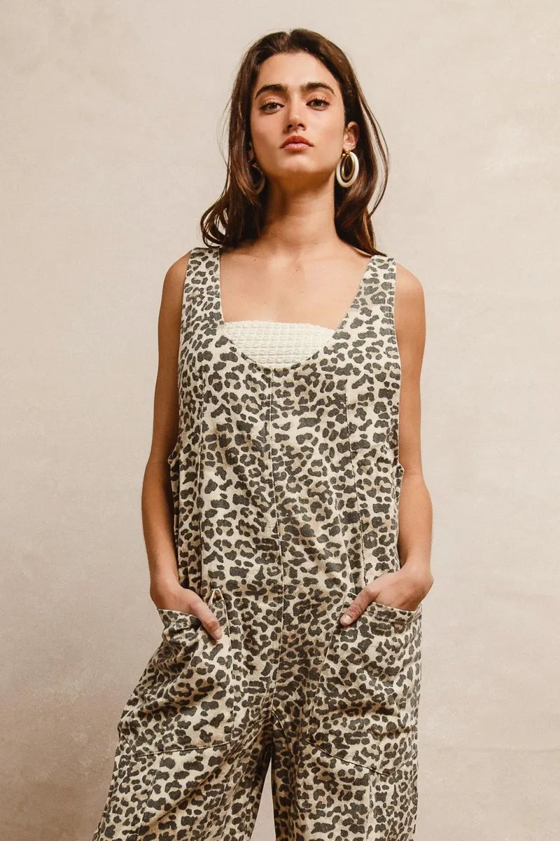 Image of BiBi Leopard Print Adjustable Strap U Neck Jumpsuit | Queeble.shop