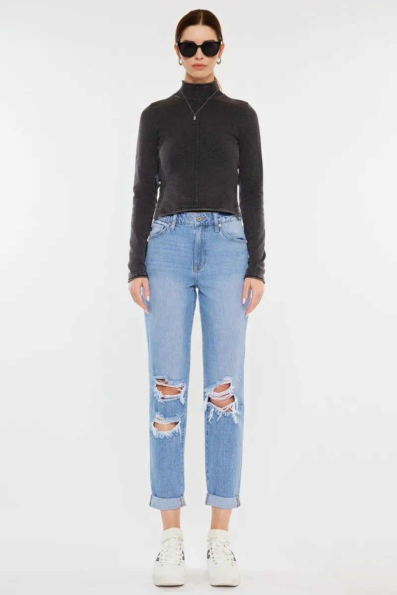 Image of Kancan High Rise Distressed Mom Jeans | Queeble.shop