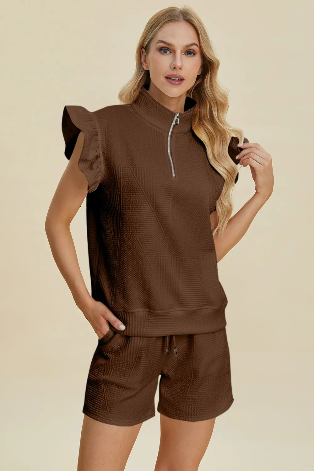 Image of Double Take Full Size Texture Flounce Sleeve Top and Shorts Set | Queeble.shop