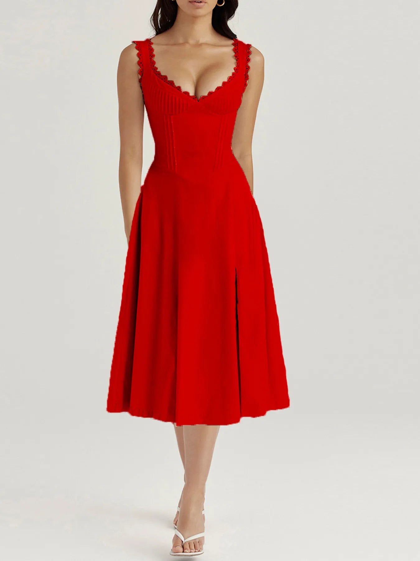 Image of Scalloped V-Neck Midi Dress with Back Lace-Up | Queeble.shop