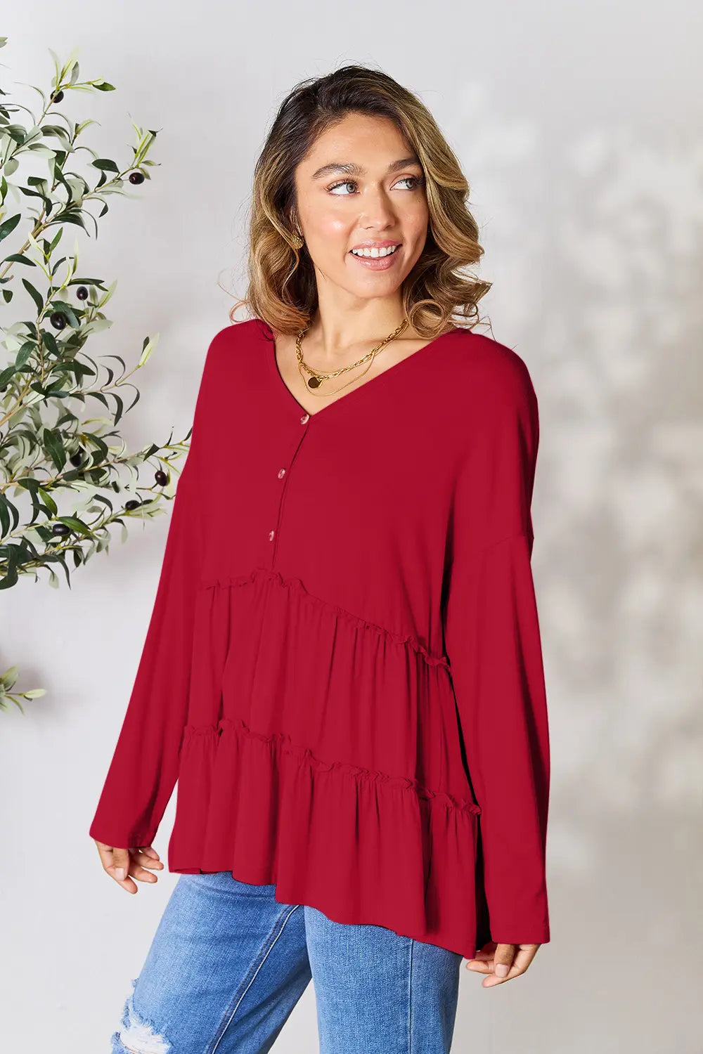 Image of Double Take Half Button Long Sleeve Ruffle Hem Blouse | Queeble.shop