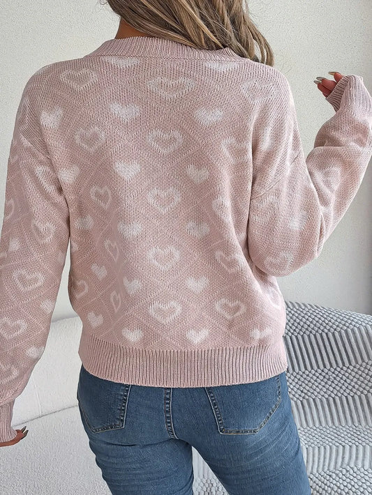 Image of Heart Pattern V-Neck Long Sleeve Sweater | Queeble.shop