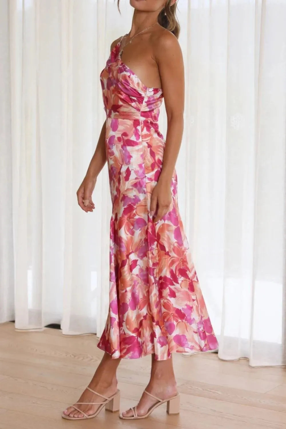 Image of Ruched Printed Single Shoulder Midi Dress | Queeble.shop