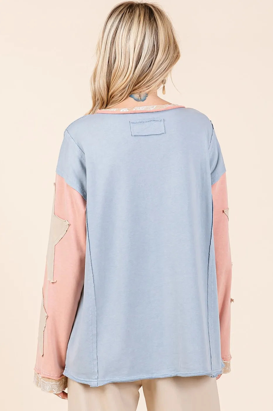 Image of Mittoshop Star Patch Long Sleeve Colorblock Mineral Wash Top | Queeble.shop