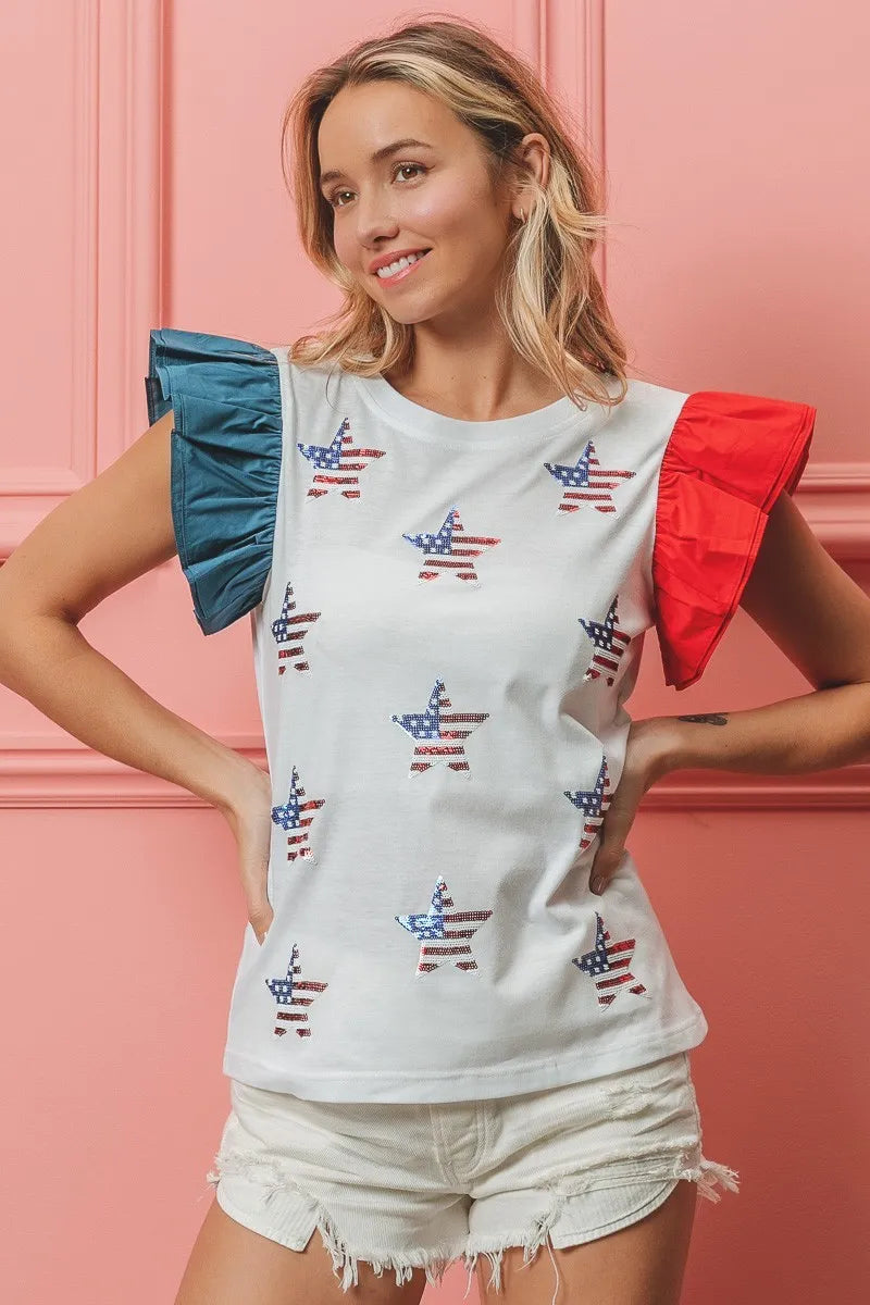Image of BiBi American Flag Sequin Stars Top | Queeble.shop