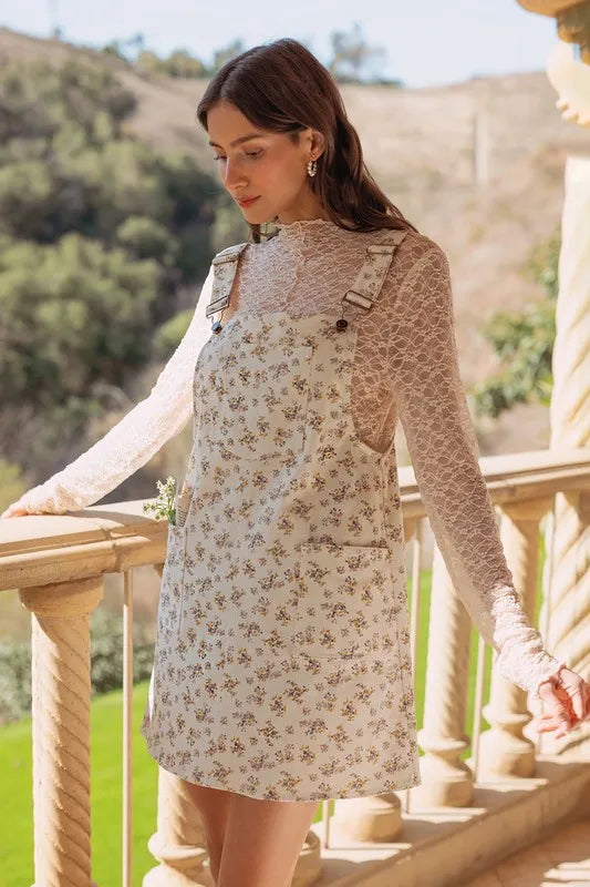 Image of Annie Wear Stretch Ditsy Print Denim Overall Mini Dress | Queeble.shop