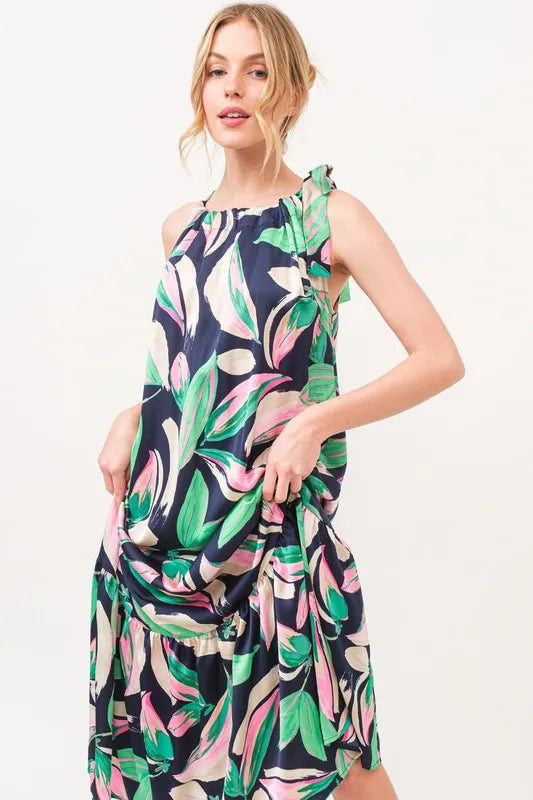 Image of And The Why Botanical Printed Halterneck Tiered Maxi Dress | Queeble.shop
