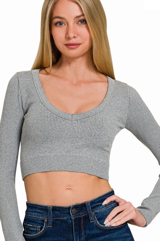 Image of Zenana Seamless Fitted Rib V-neck Long Sleeve Crop Top | Queeble.shop