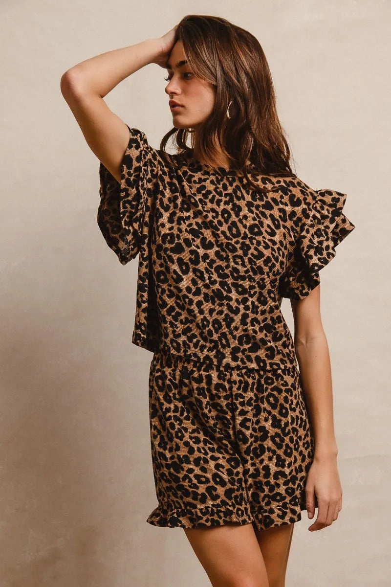 Image of BiBi Leopard Print Waffle Texture Layered Ruffle Sleeve Top and Shorts Set | Queeble.shop