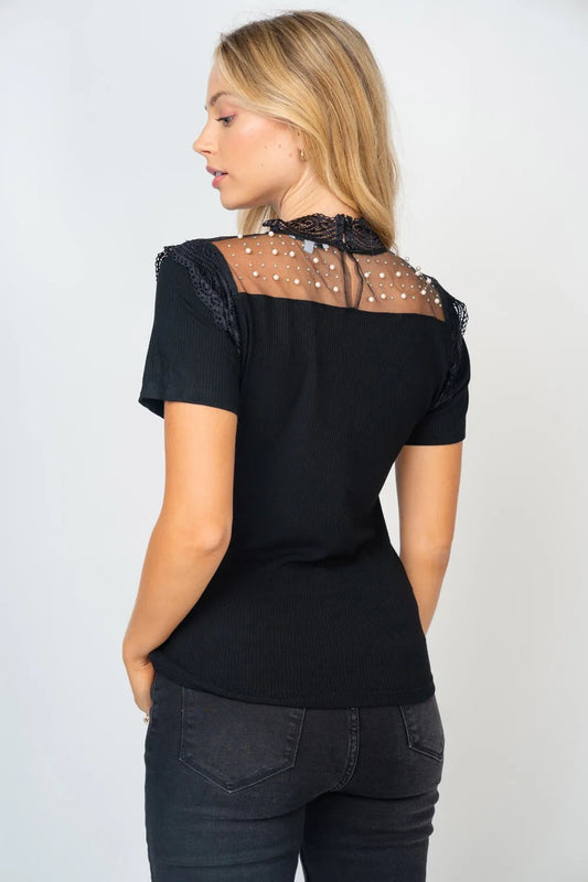 Image of White Birch Mesh Pearl Detail Short Sleeve T-Shirt | Queeble.shop