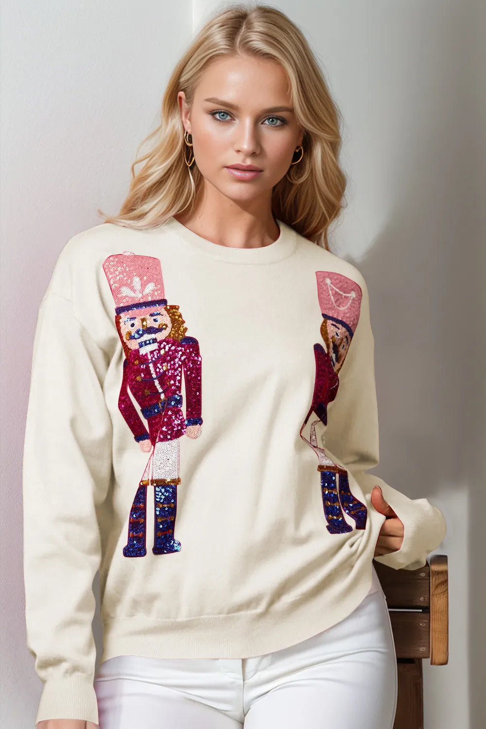 Image of Double Take Full Size Nutcracker Sequin Long Sleeve Sweater | Queeble.shop