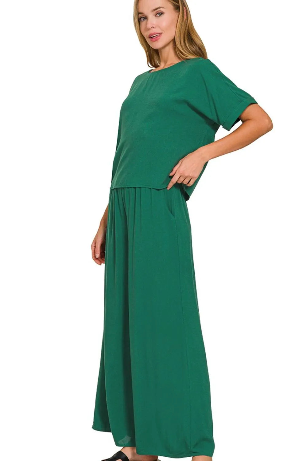 Image of Zenana Round Neck T-Shirt and Wide Leg Pants Set | Queeble.shop