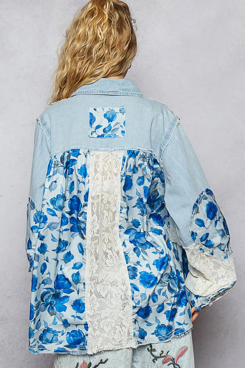 Image of POL Floral Patchwork Denim Shirt with Lace Trim Details | Queeble.shop