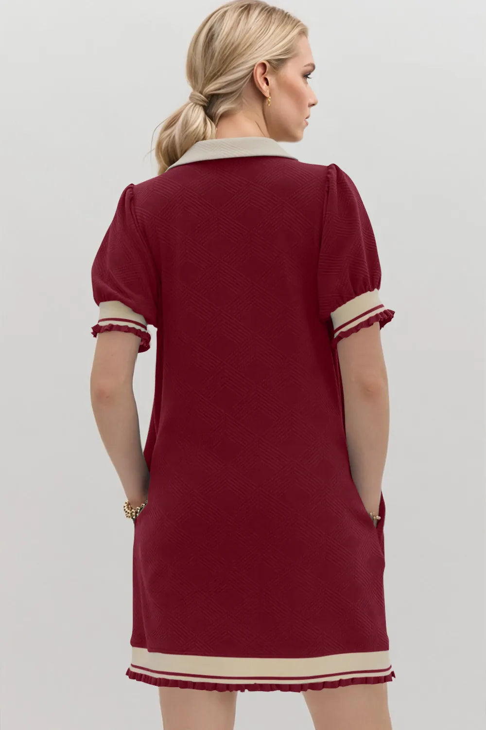 Image of Oh Frill Contrast Trim Johnny Collar Short Sleeve Mini Dress | Queeble.shop