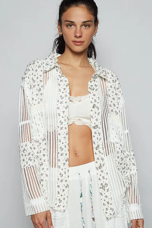 Image of POL Floral Crochet Patchwork Long Sleeve Shirt | Queeble.shop