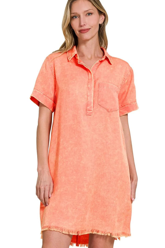 Image of Zenana Tencel Mineral Washed Collared Shirts Dress | Queeble.shop