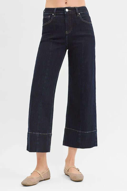 Image of RISEN Tummy Control High Rise Crop Wide Seam Detailed Jeans | Queeble.shop