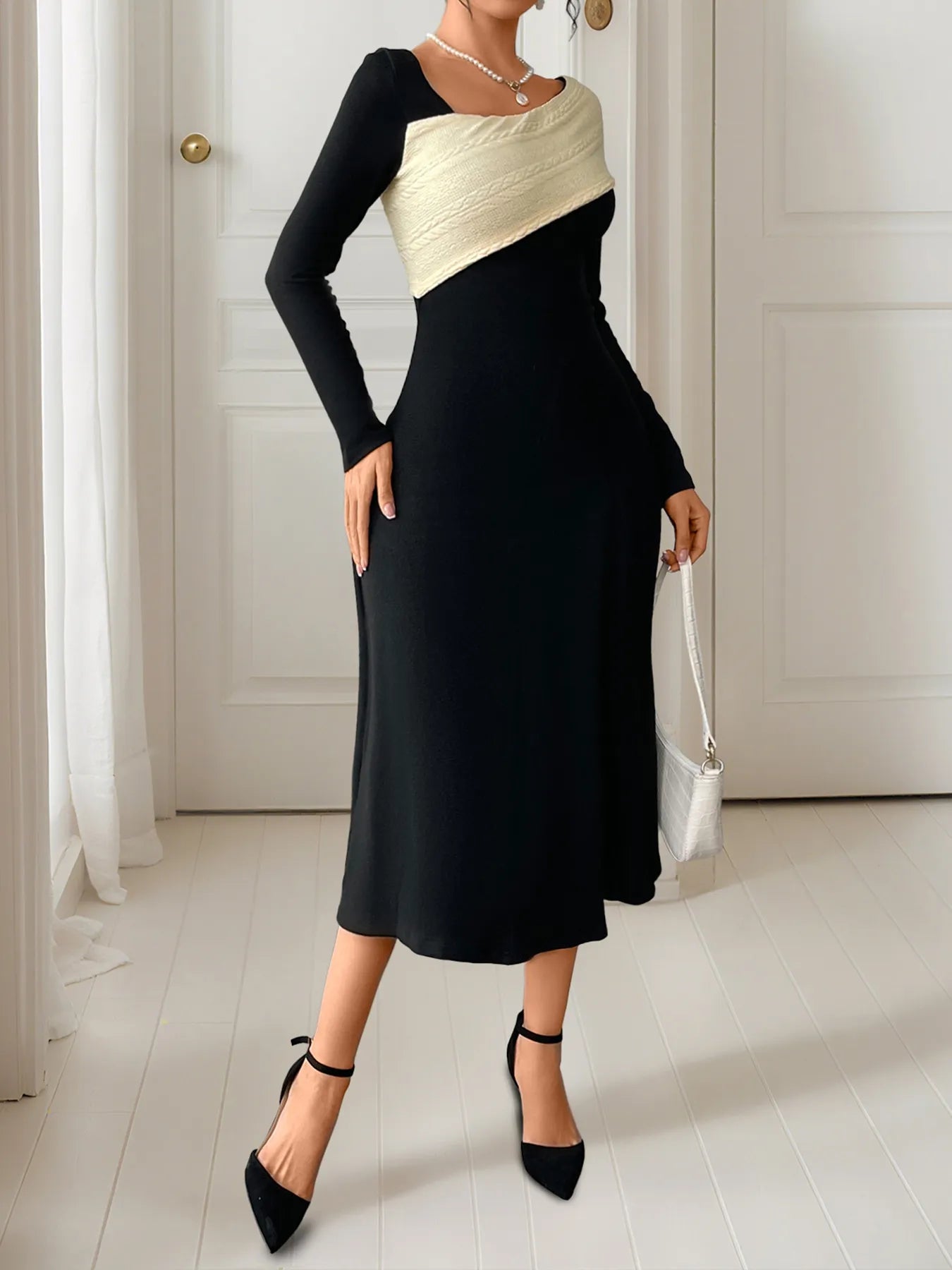 Image of Asymmetrical Contrast Long Sleeve Dress | Queeble.shop