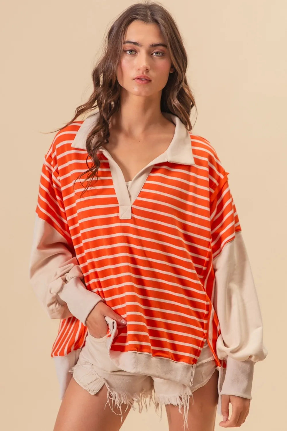 Image of BiBi Stripe Knit Loose Fit Top With Cut Edge Detail | Queeble.shop