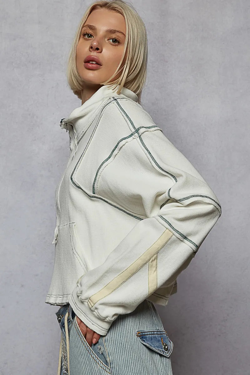 Image of POL Contrast Stitching Zip Front Sweatshirt | Queeble.shop