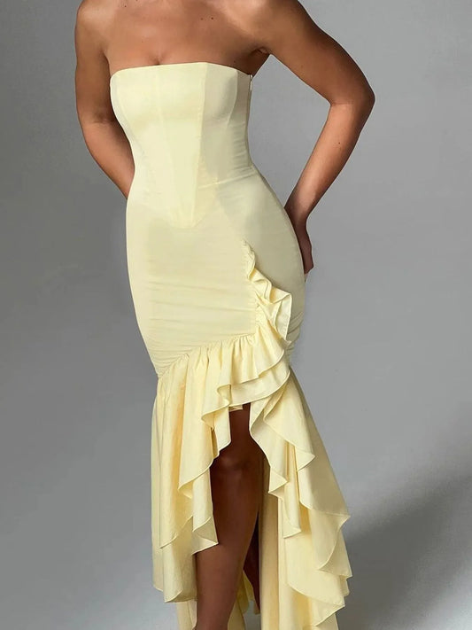 Image of Strapless Ruffle High-Low Bodycon Dress | Queeble.shop