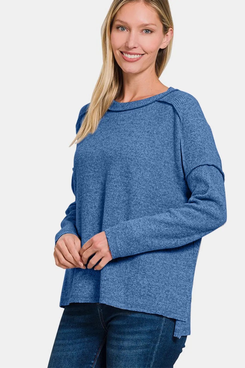 Image of Zenana Full Size Exposed Seam Brushed Round Neck Sweater | Queeble.shop