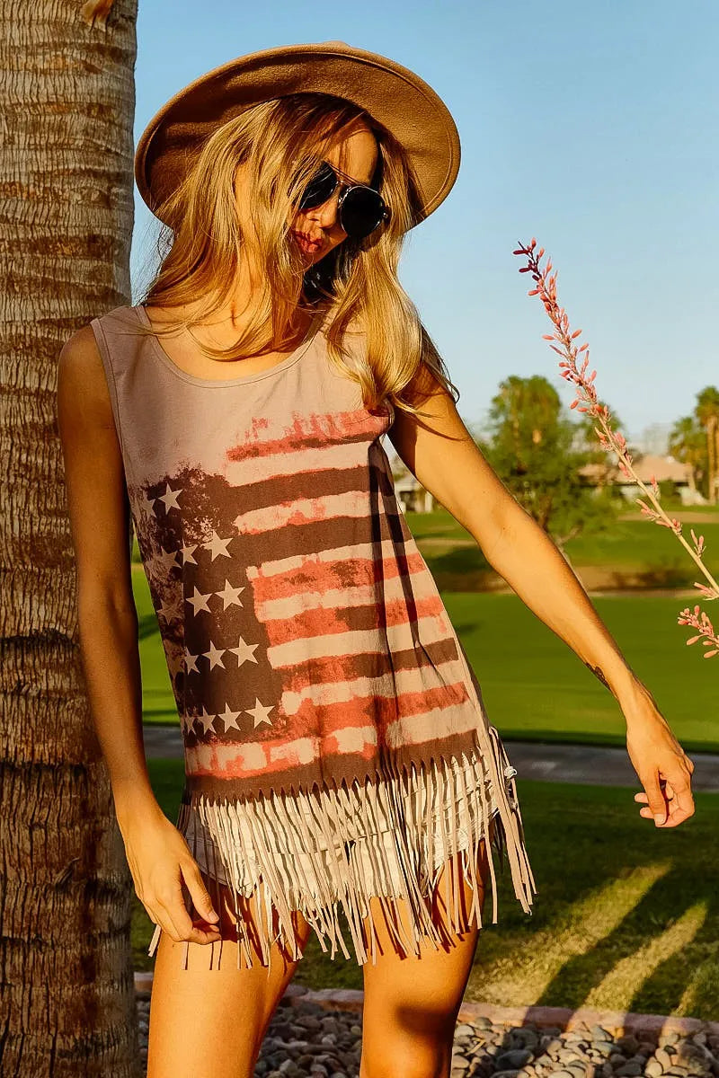 Image of BiBi American Flag Print Knit Sleeveless Top | Queeble.shop