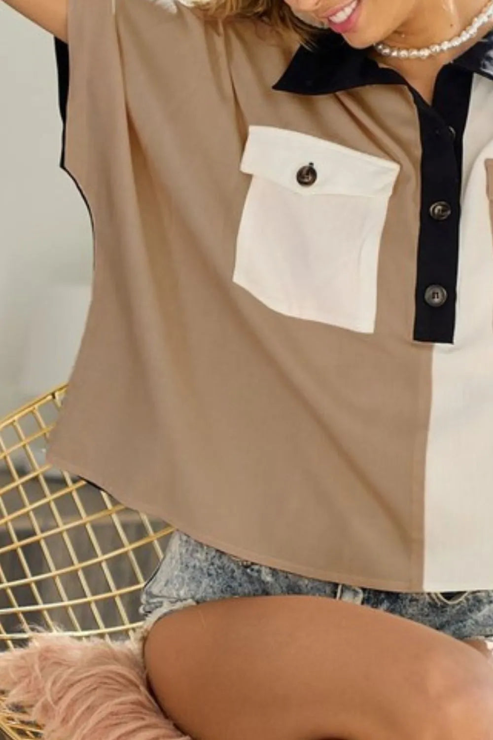Image of BiBi Color Block Quarter Neck Short Dolan Sleeve Top | Queeble.shop