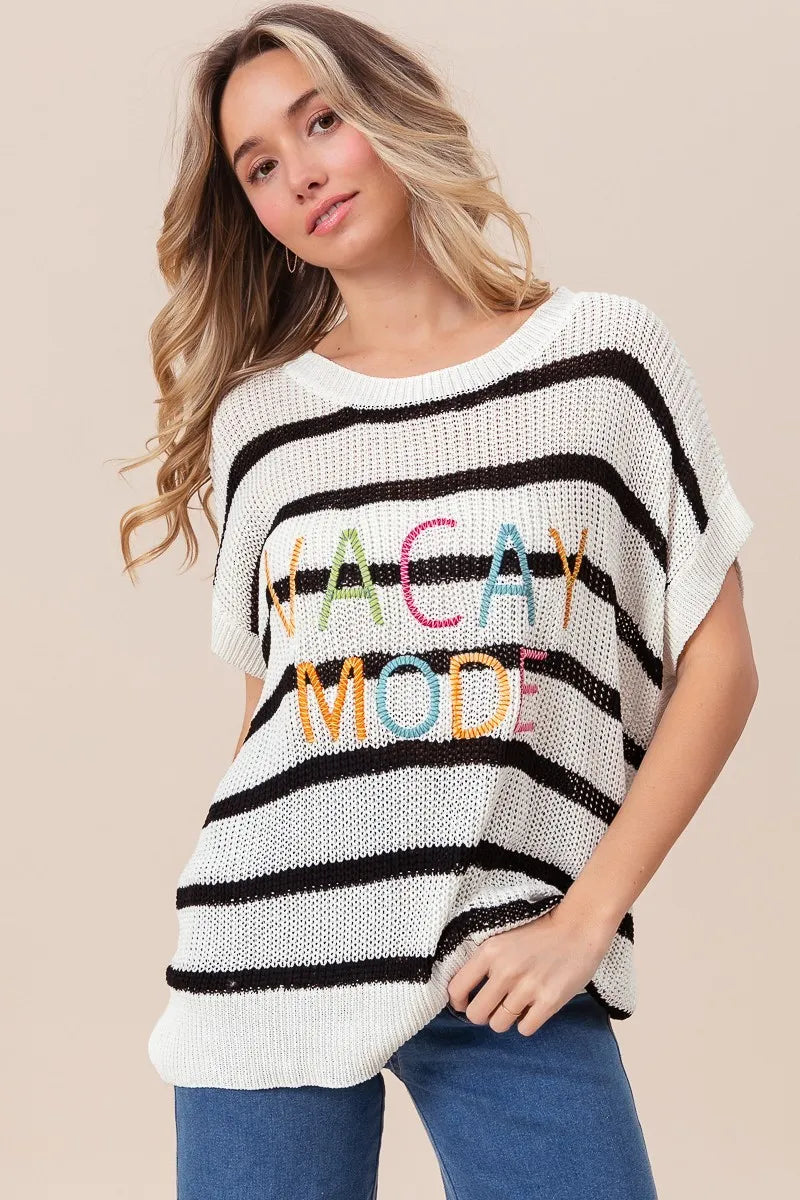 Image of BiBi Vacay Mode Lettering Drop Shoulder Striped Sweater | Queeble.shop