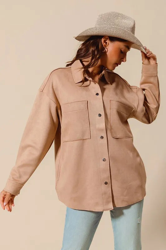 Image of SO ME Faux Sued Snap Shacket with Collar and Pockets | Queeble.shop