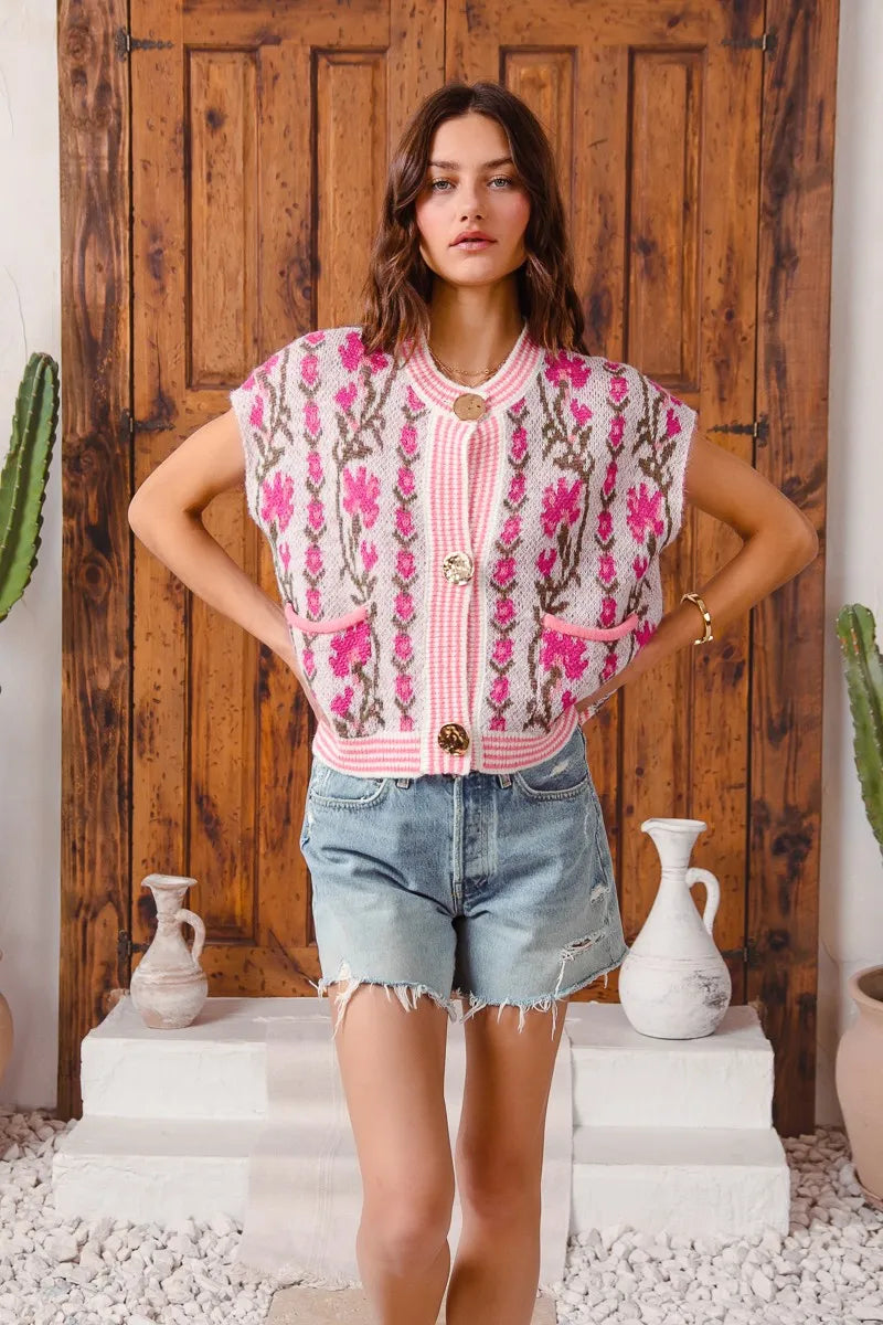 Image of SO ME Button Front Floral and Stripe Knitted Sweater Vest | Queeble.shop