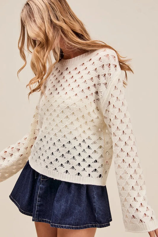 Image of SO ME Geometric Pattern Open Knit Lightweight Sweater | Queeble.shop