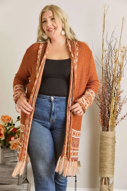 Image of ADORA Full Size Fringe Hem Aztec Border Cardigan Plus Size | Queeble.shop