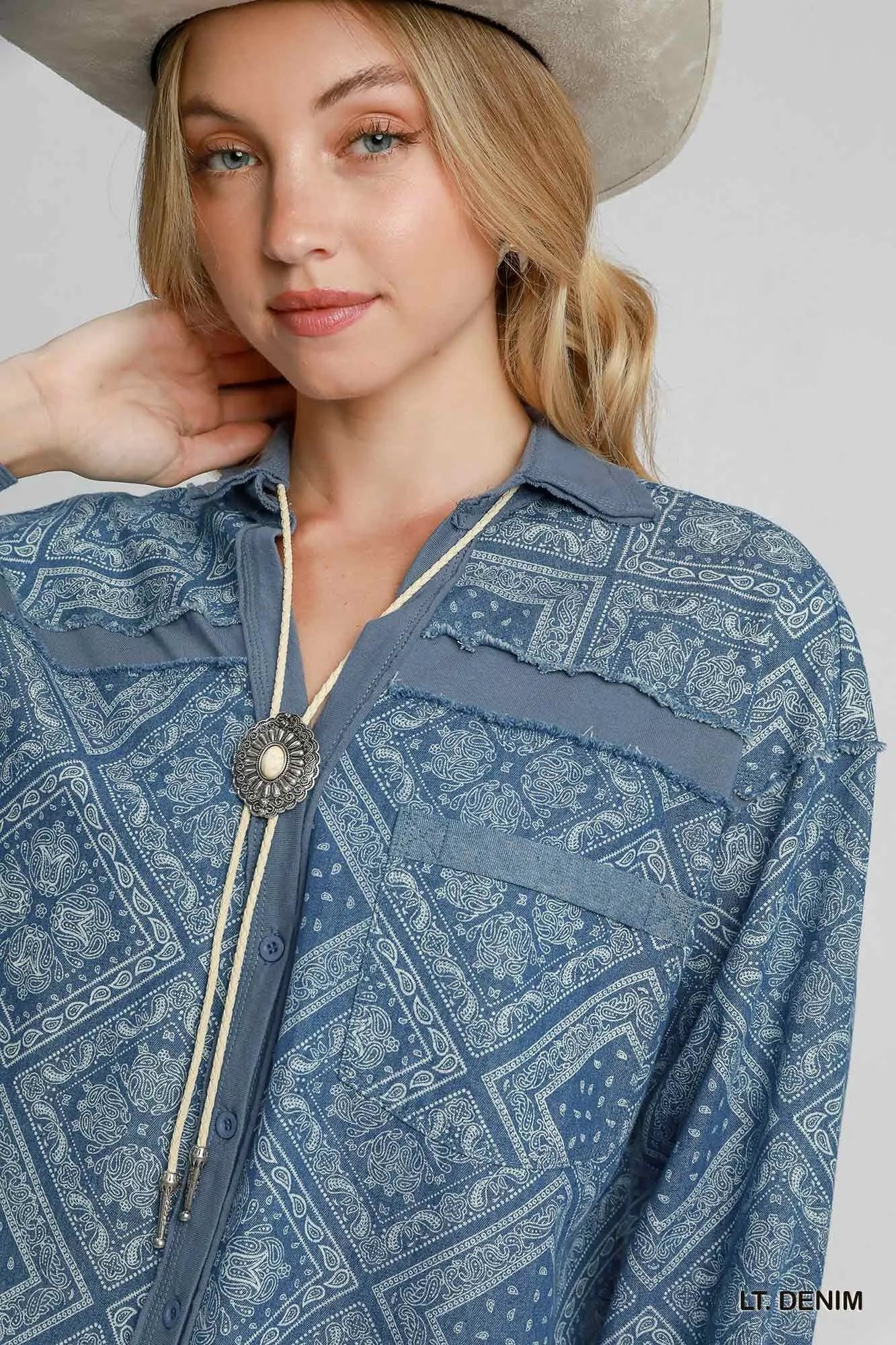 Image of Umgee Paisley Print Denim Shirt Jacket | Queeble.shop