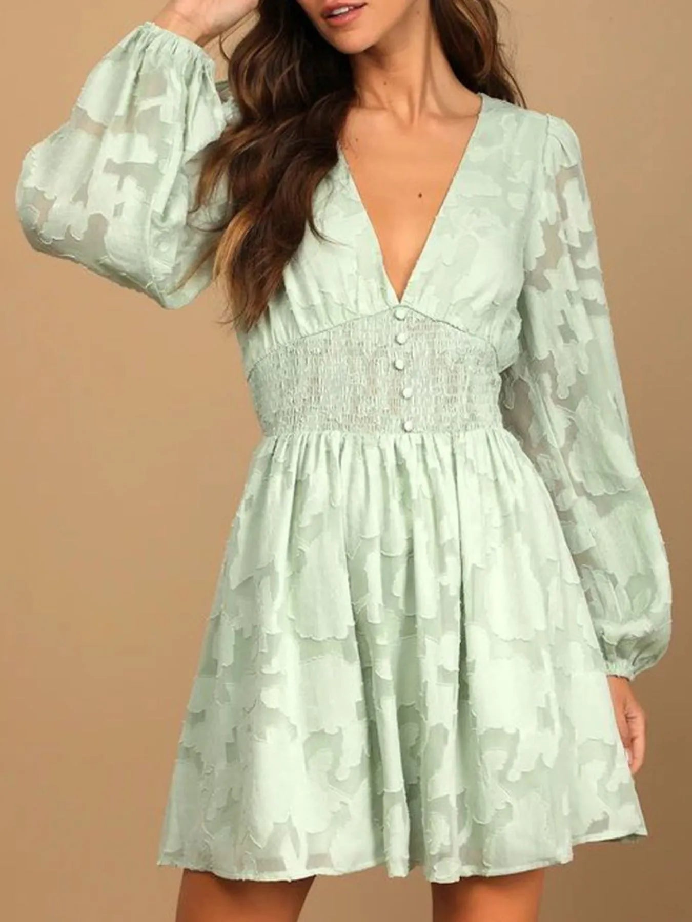 Image of Smocked V-Neck Balloon Sleeve Dress | Queeble.shop