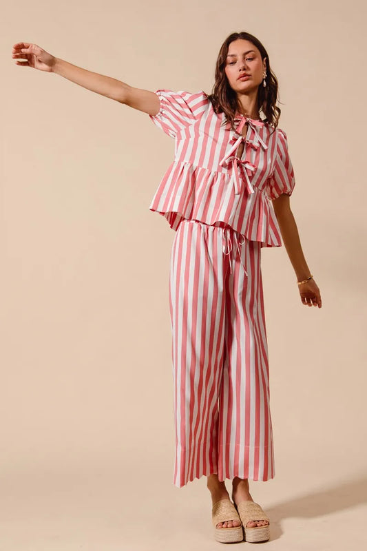 Image of SO ME Front Tie Stripe Top With Puff Sleeves and Wide Leg Pants Set | Queeble.shop