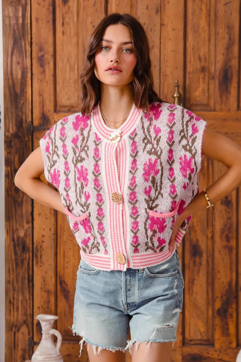 Image of SO ME Button Front Floral and Stripe Knitted Sweater Vest | Queeble.shop