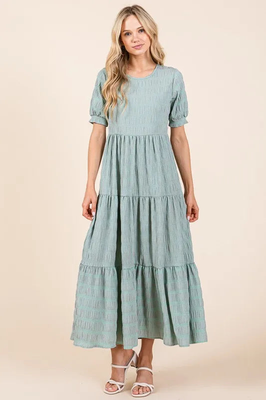 Image of BOMBOM Textured Short Sleeve Tiered Dress | Queeble.shop